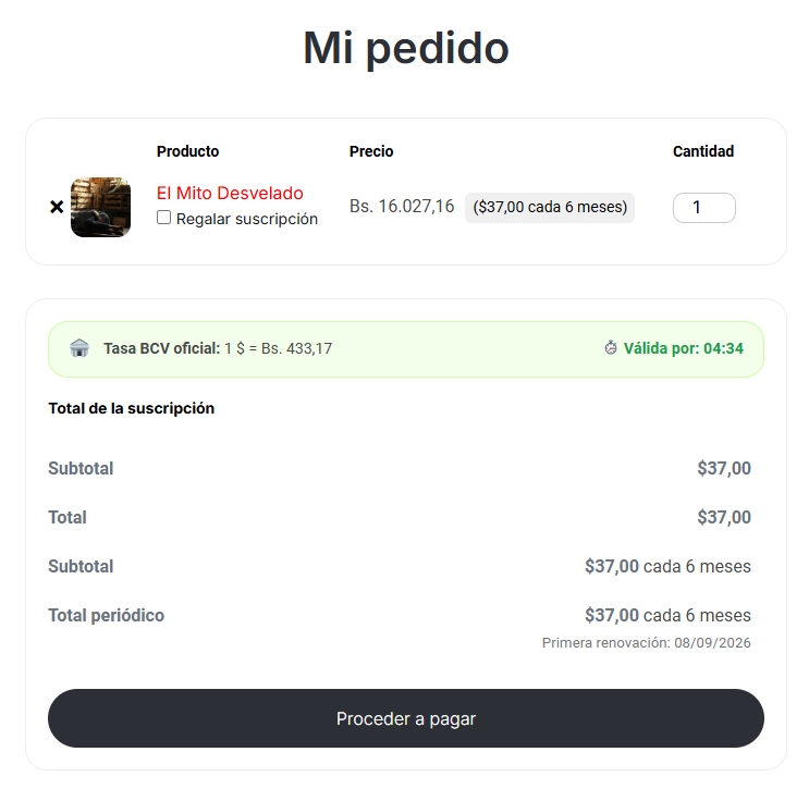 Ejemplo del plugin tasa bcv en la página de carrito de woocommerce Ejemplo del plugin tasa bcv en la página de carrito de woocommerce