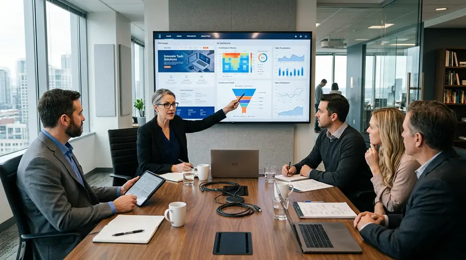 Profesionales en reunión de estrategia para rediseño web corporativo y modernización B2B
